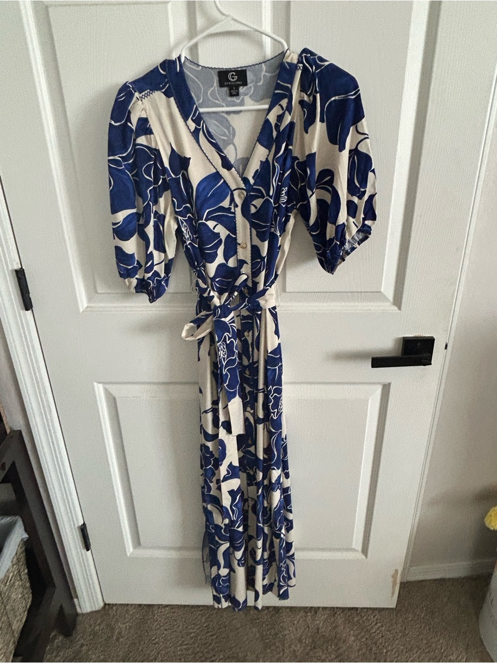 G by Giuliana Navy and Cream Floral Wrap Maxi Dress